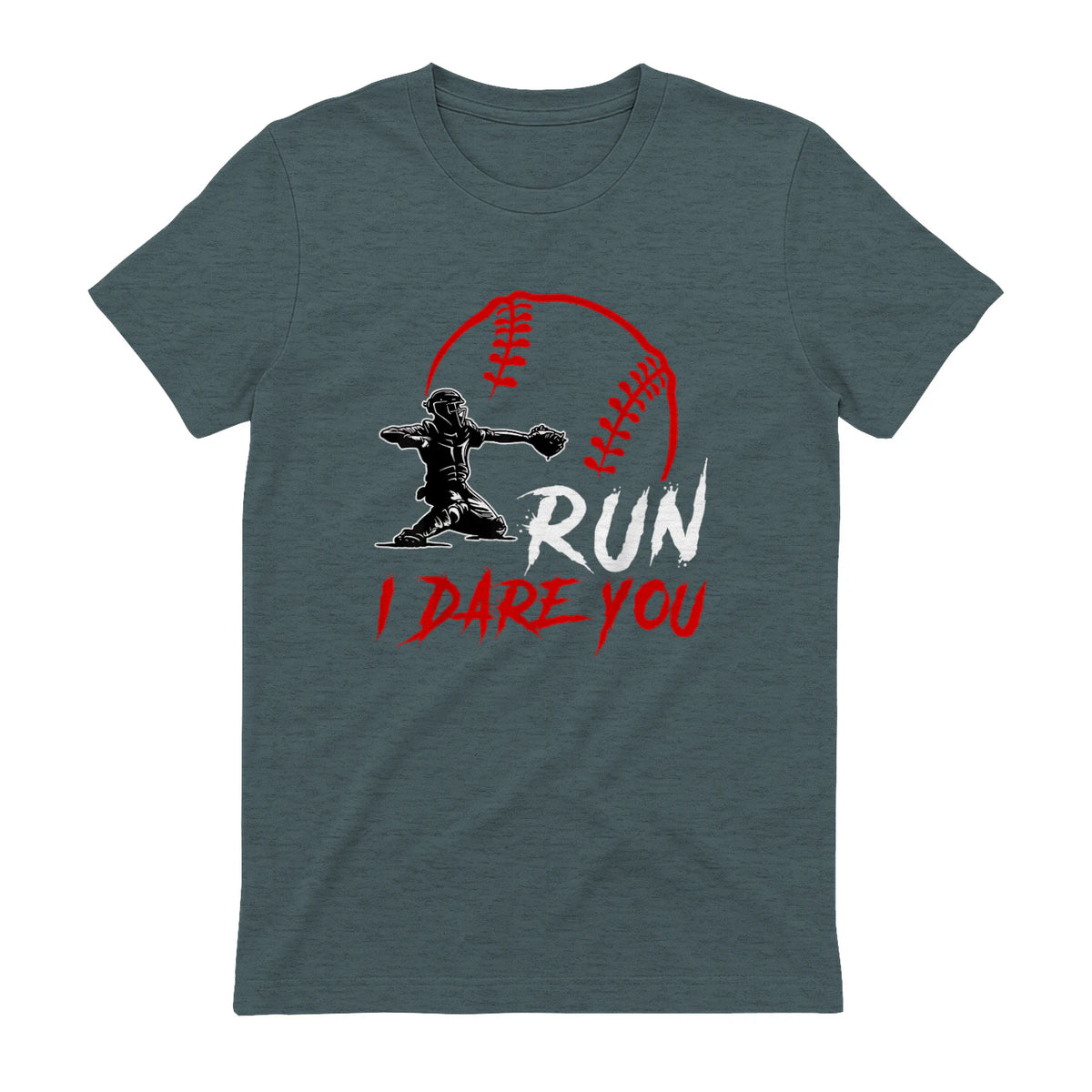 Run Steal I Dare You Humor Baseball Catcher Vintage T-Shirt in Dark Heather - back view