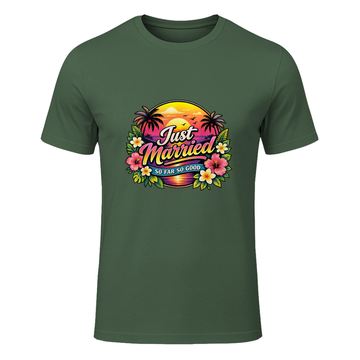Couple de Jeunes mariés drôle Just Married Tropical Honeymoon in Military Green - front view