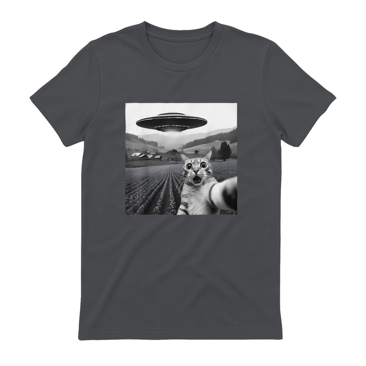 Cat Selfie With Alien UFO Funny Cat Gifts For Men Women Kid T-Shirt in Charcoal - back view