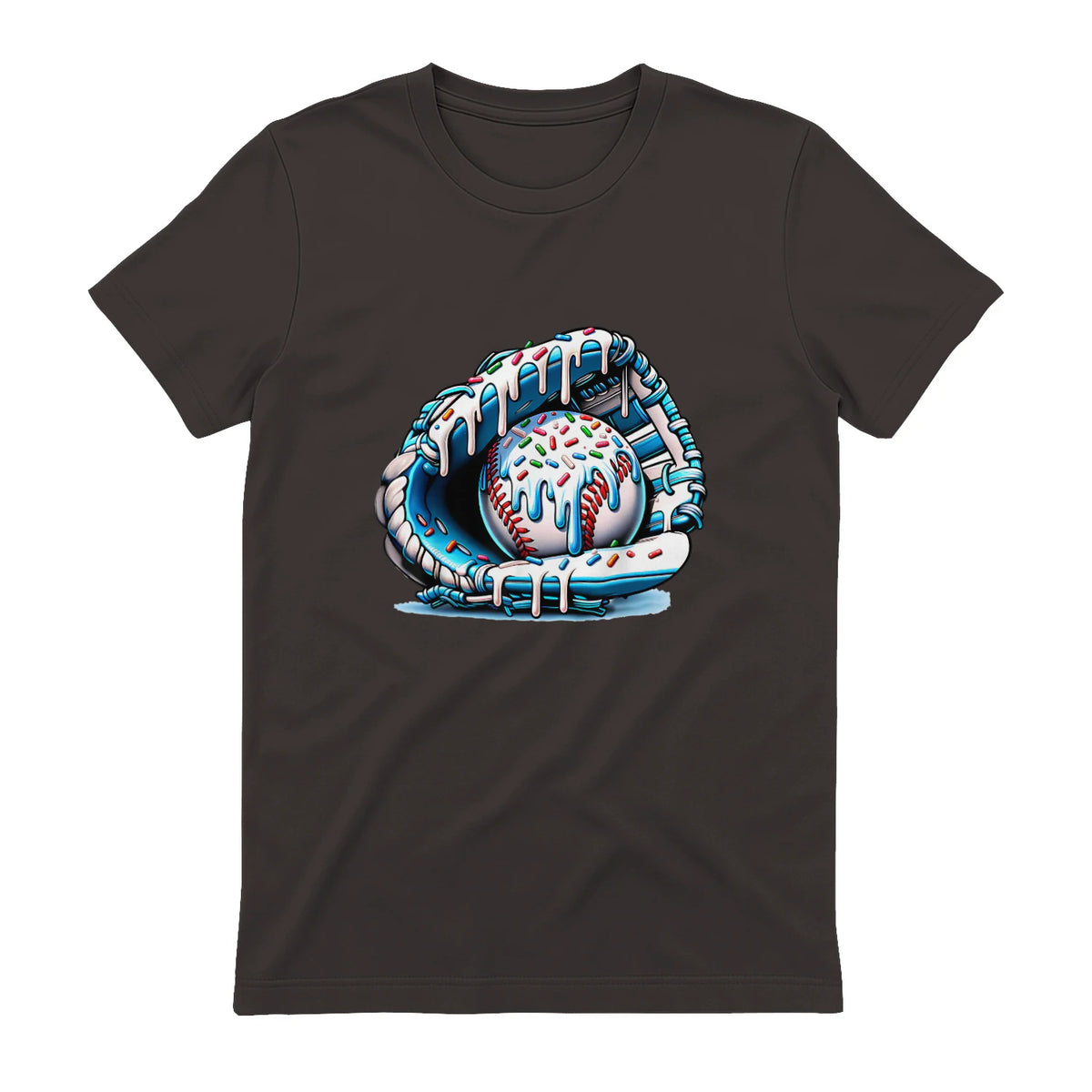 Baseball Drip Ice Cream Sprinkles Baseball Glove T-Shirt in Dark Chocolate - back view