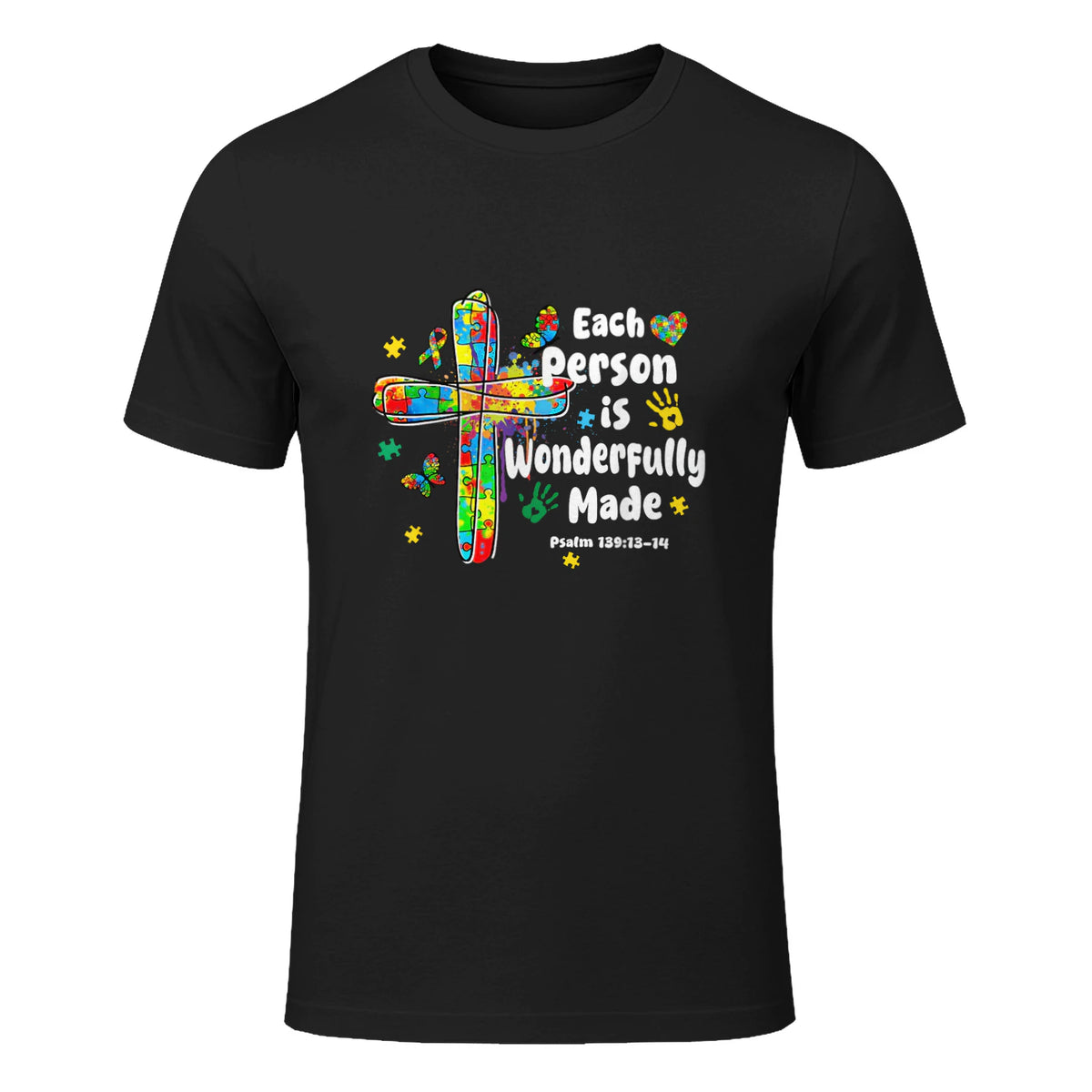 Each Person Is Wonderfully Made Christian Autism Bible Verse in Black - front view