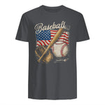 American Flag Baseball Player Bat Fan Catcher Pitcher USA T-Shirt in Charcoal - back view