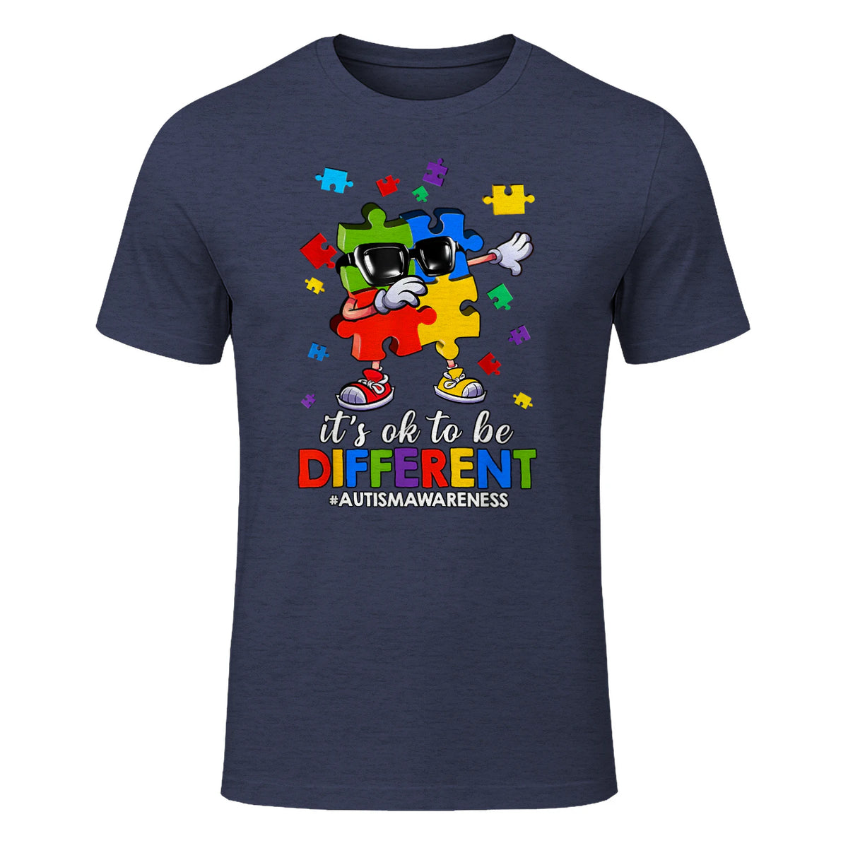 It's OK to Be Different Dabbing Puzzle Autism Awareness Kids in Heather Navy - front view