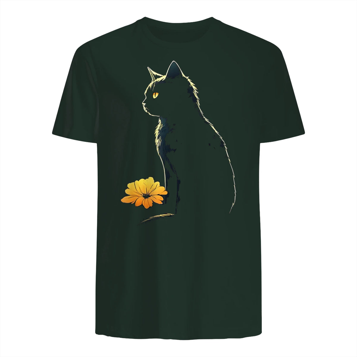 Cat Artwork - Flowers Art Cat Motif Animal Cat T-Shirt in Forest Green - back view