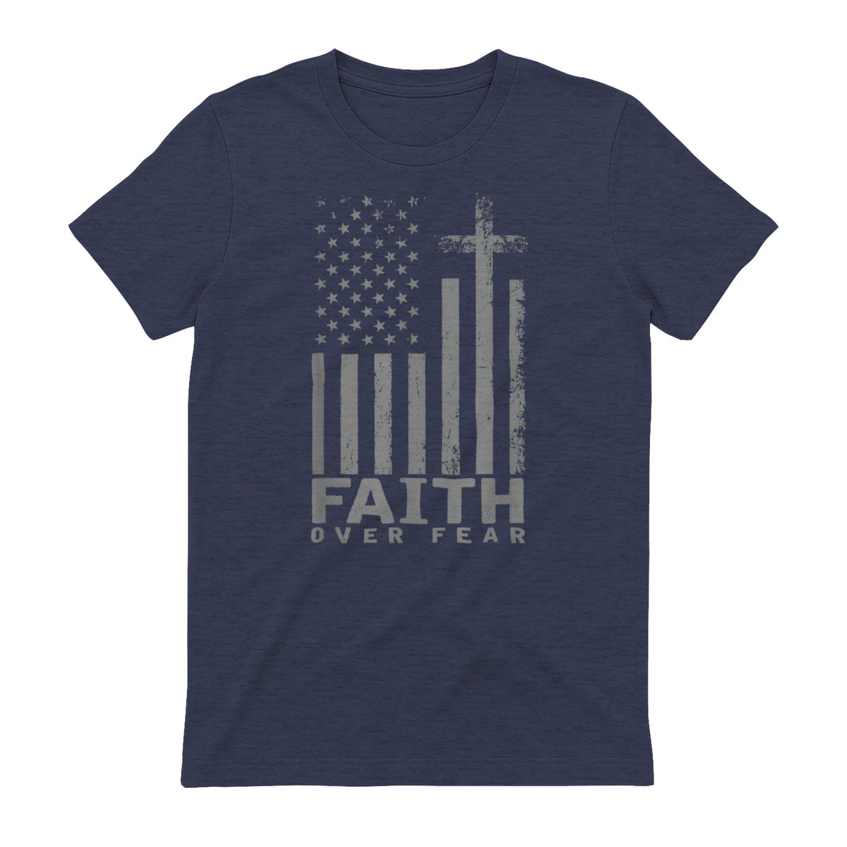America Pride US Flag Faith Over Fear Prayer T-Shirt in Heather Navy - back view