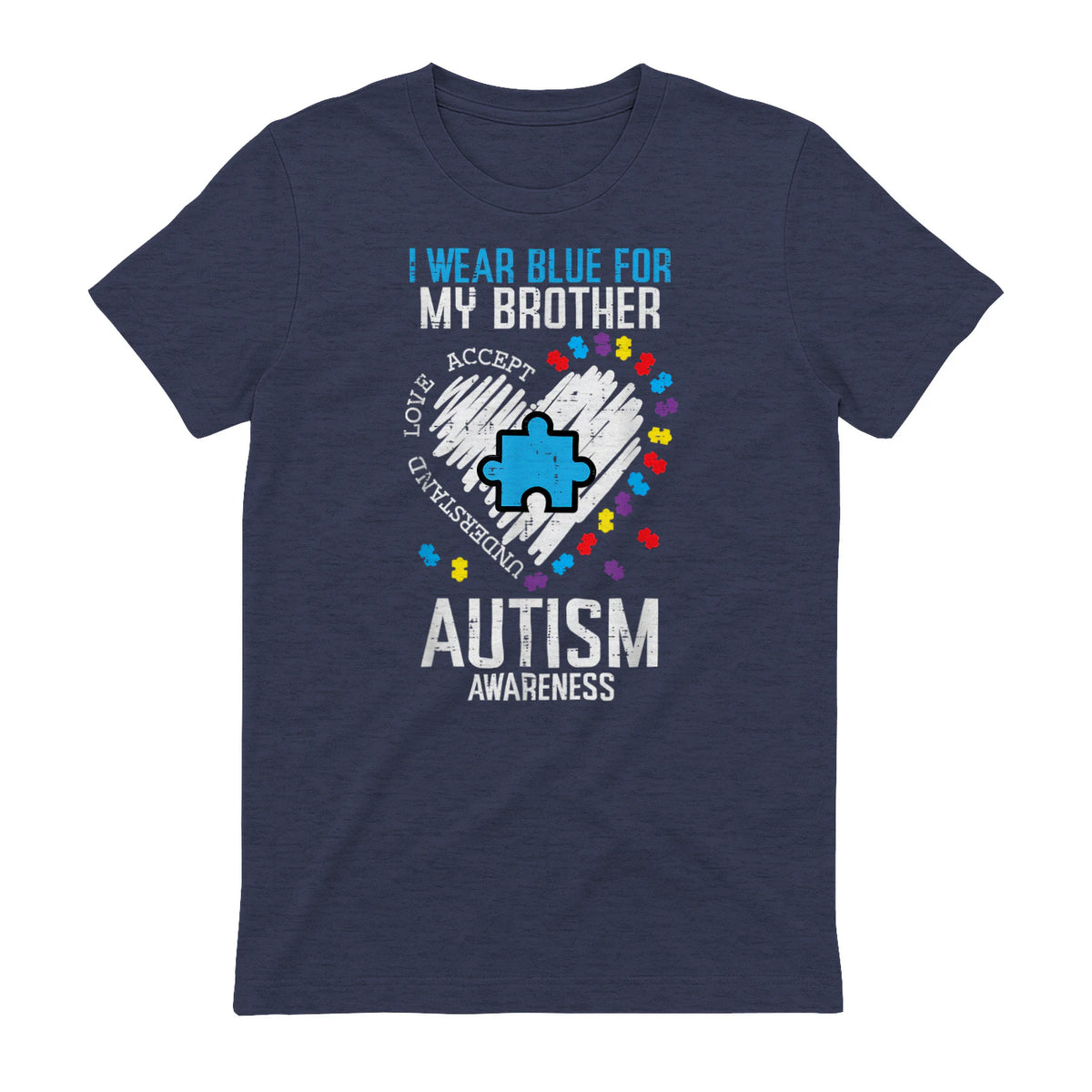 Blue for My Brother Autism Awareness Family Sister Sibling in Heather Navy - back view