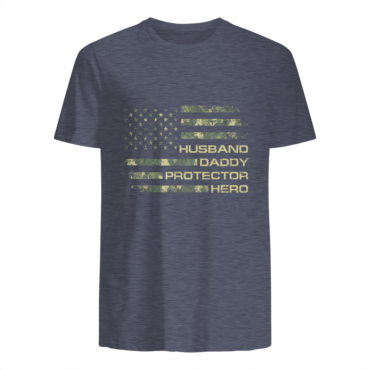 Husband Daddy Protector Hero Fathers Day Camo American Flag in Heather Navy - back view