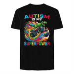 Autism is My Superpower Dino T Rex Monster Truck Kids Boys in Black - back view