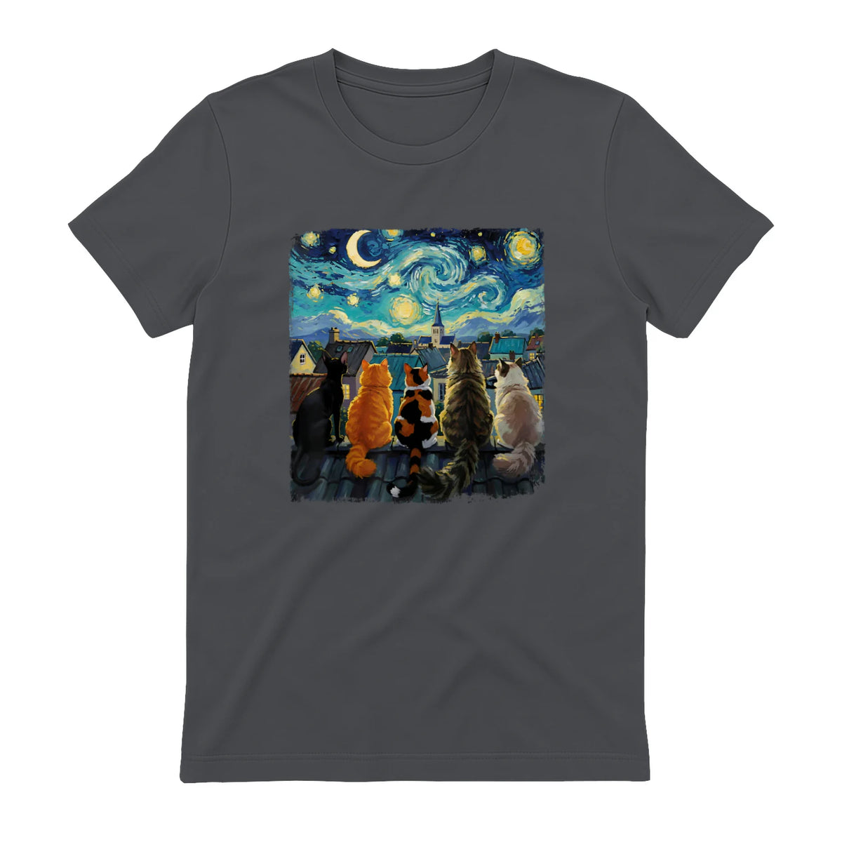 Funny Cat Starry Night Van Gogh Cats Rooftop Scene Feline T-Shirt in Charcoal - back view