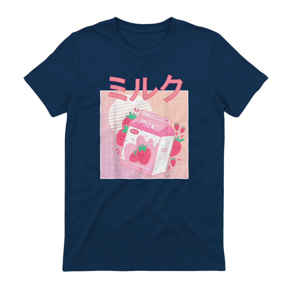 Funny Retro Nineties Japanese Kawaii Strawberry Milk Shake Carton T-Shirt in Navy - back view