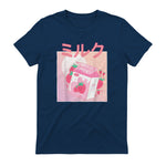 Funny Retro Nineties Japanese Kawaii Strawberry Milk Shake Carton T-Shirt in Navy - back view