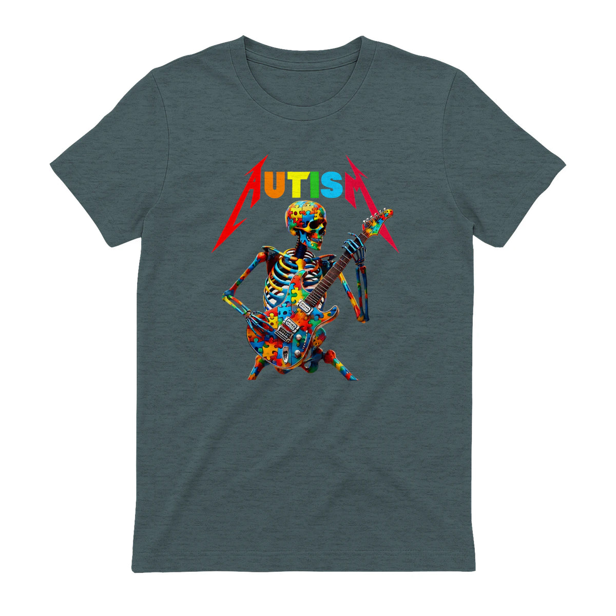 Autism Skeleton Guitar Player Rock Music Autism Awareness in Dark Heather - back view