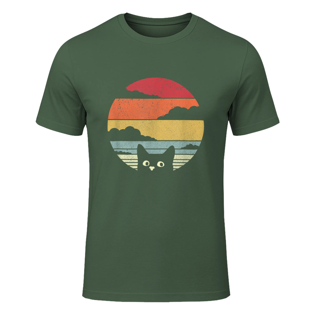 Pack A Punch Women's Retro Cat Graphic T-Shirt - Black, Short Sleev in Military Green - front view