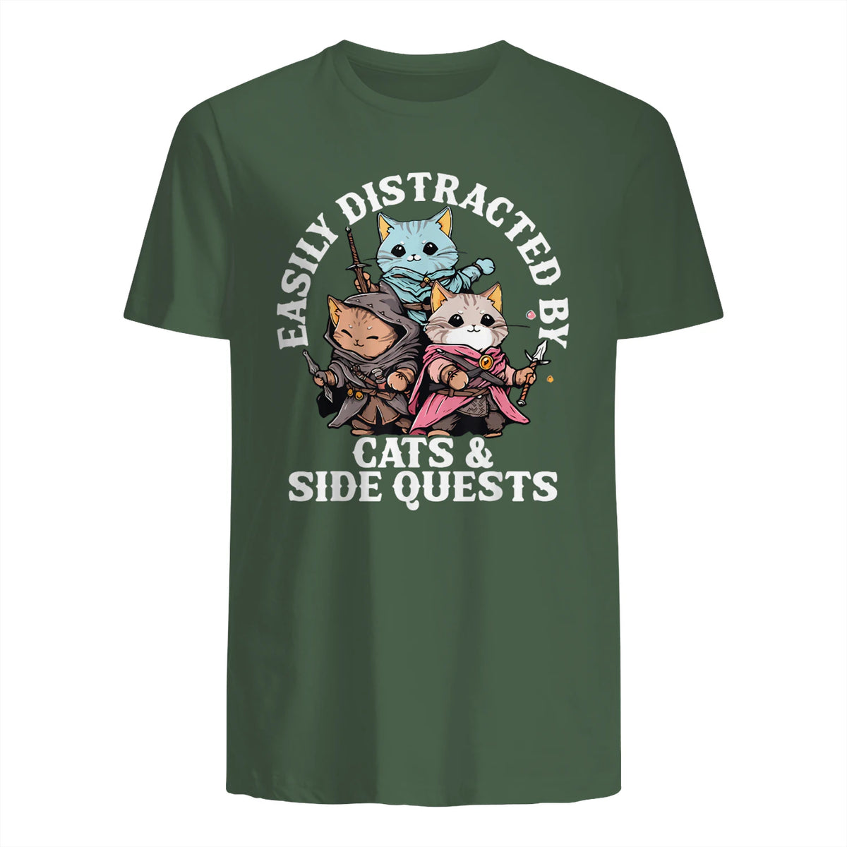 Cats Side Quest Funny Tabletop T-Shirt in Military Green - back view