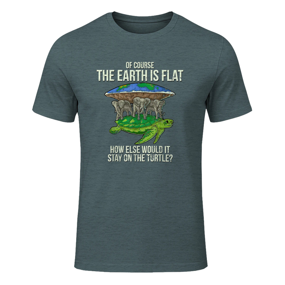 Flat Earth Society T Shirt Turtle Elephants Men Women Gift in Dark Heather - front view