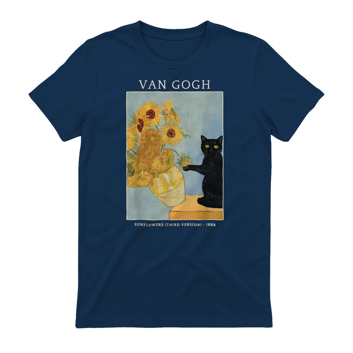 Funny Cat & Sunflowers Van Gogh Art Parody Vintage T-Shirt in Navy - back view