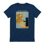 Funny Cat & Sunflowers Van Gogh Art Parody Vintage T-Shirt in Navy - back view