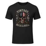 Vintage Rock Skull American Flag Guitar Retro Rock and Roll T-Shirt in Black - front view