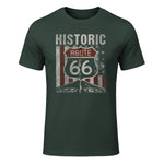 Historic USA Route Sixty-Six Highway Road Sign T-Shirt in Forest Green - front view