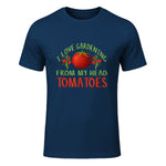 I Love Gardening From My Head Tomatoes Funny T-Shirt in Navy - front view