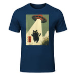 Vintage Japanische Katze Alien Cat Dad UFO Abduktion Graphic Tee T-Shirt in Navy - front view