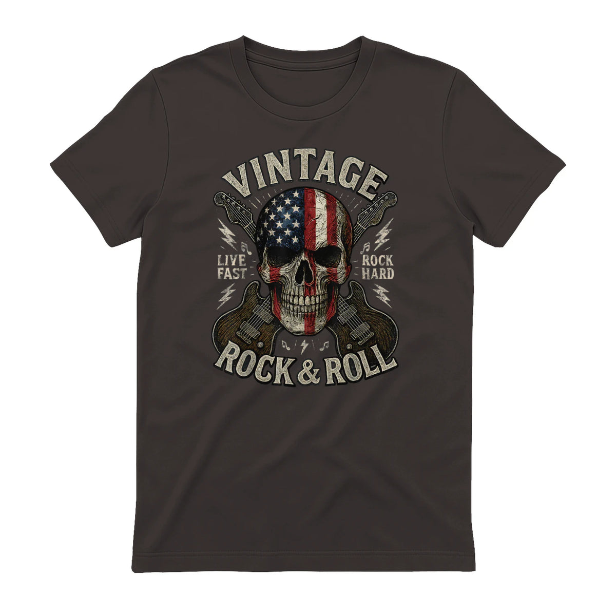 Vintage Rock Skull American Flag Guitar Retro Rock and Roll T-Shirt in Dark Chocolate - back view