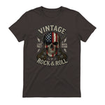 Vintage Rock Skull American Flag Guitar Retro Rock and Roll T-Shirt in Dark Chocolate - back view