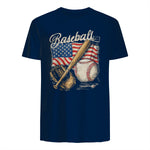 American Flag Baseball Player Bat Fan Catcher Pitcher USA T-Shirt in Navy - back view
