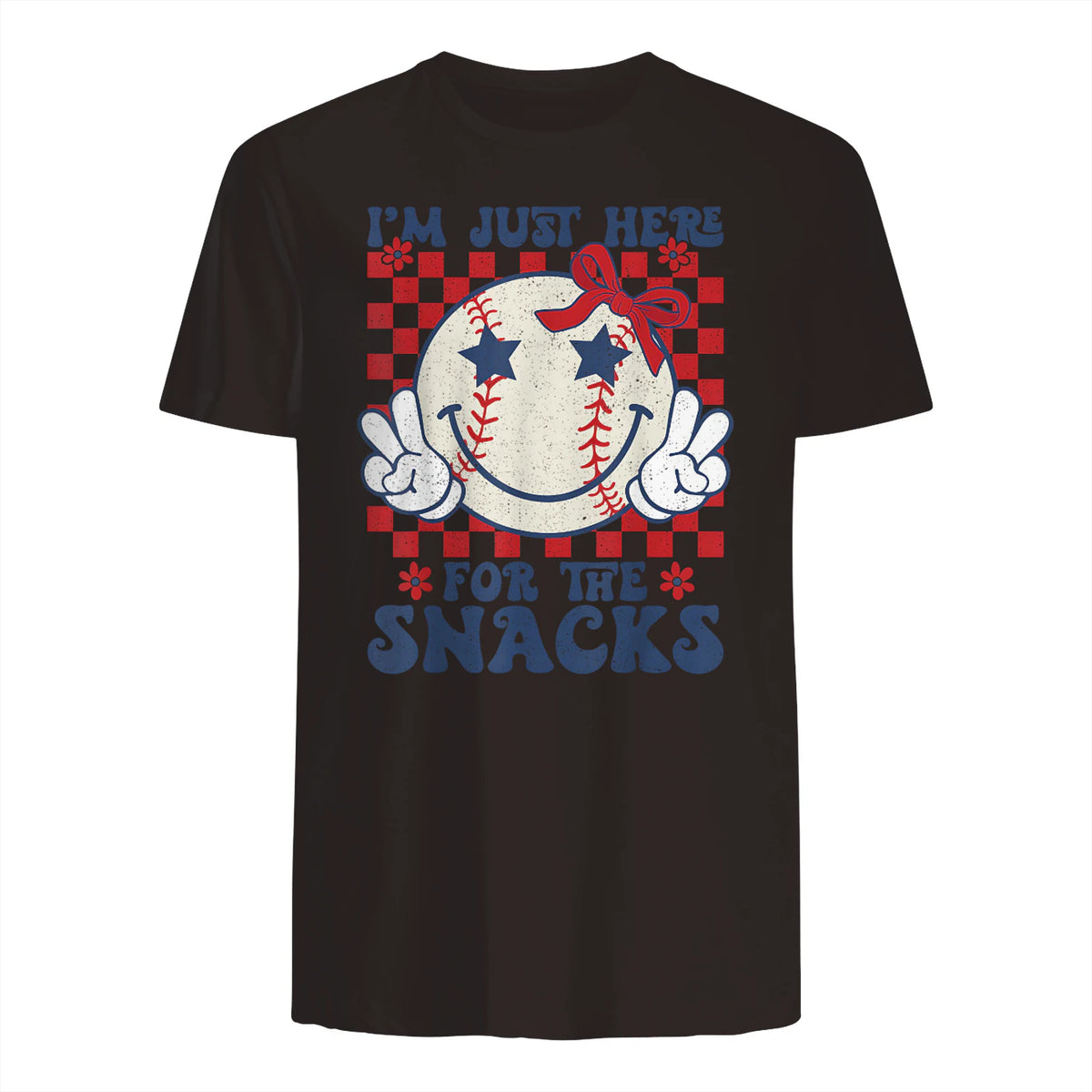 Retro Baseball Sister I'm Just Here for The Snacks Girls Mom T-Shirt in Dark Chocolate - back view