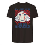 Retro Baseball Sister I'm Just Here for The Snacks Girls Mom T-Shirt in Dark Chocolate - back view