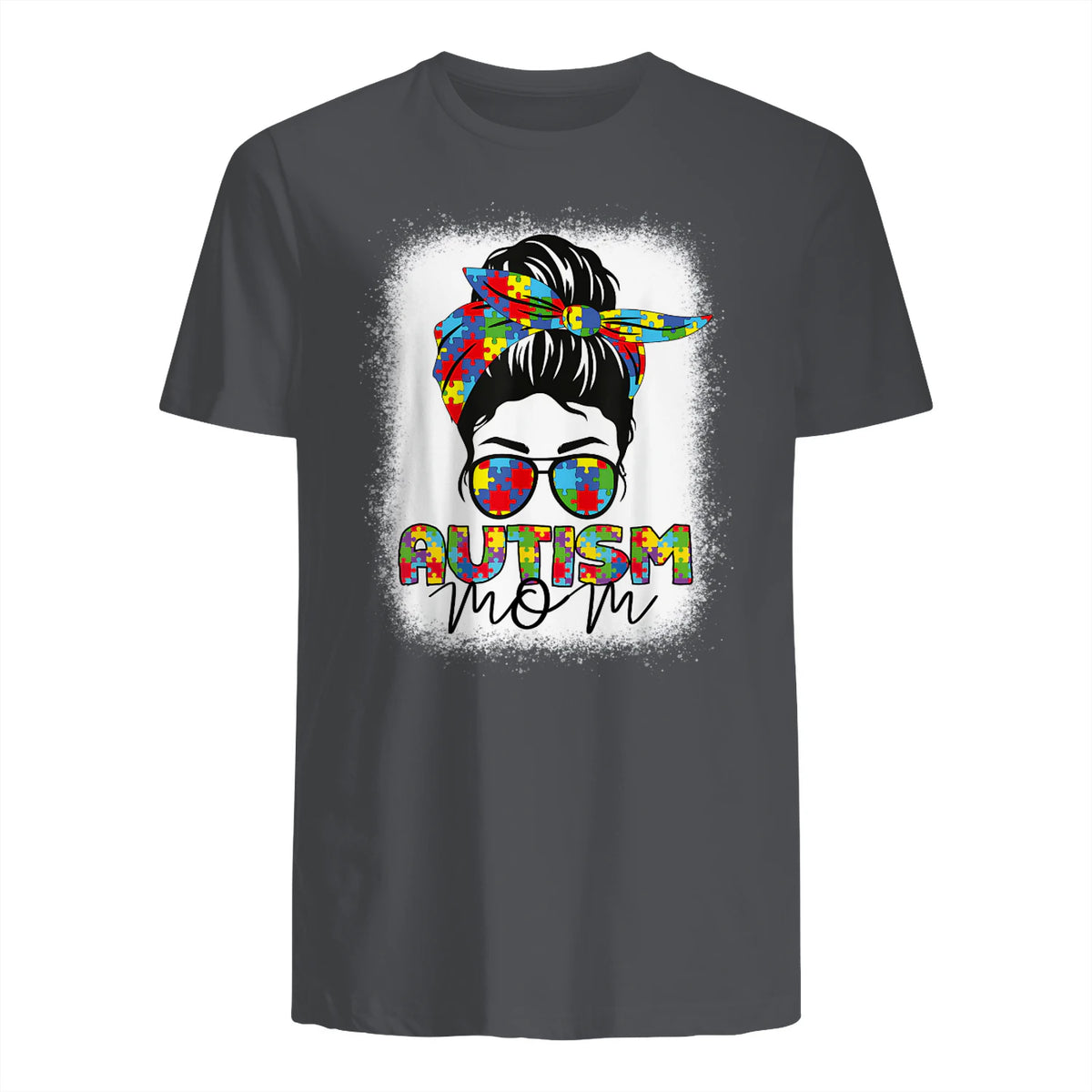 Autism Mom Life Messy Bun T-Shirt in Charcoal - back view