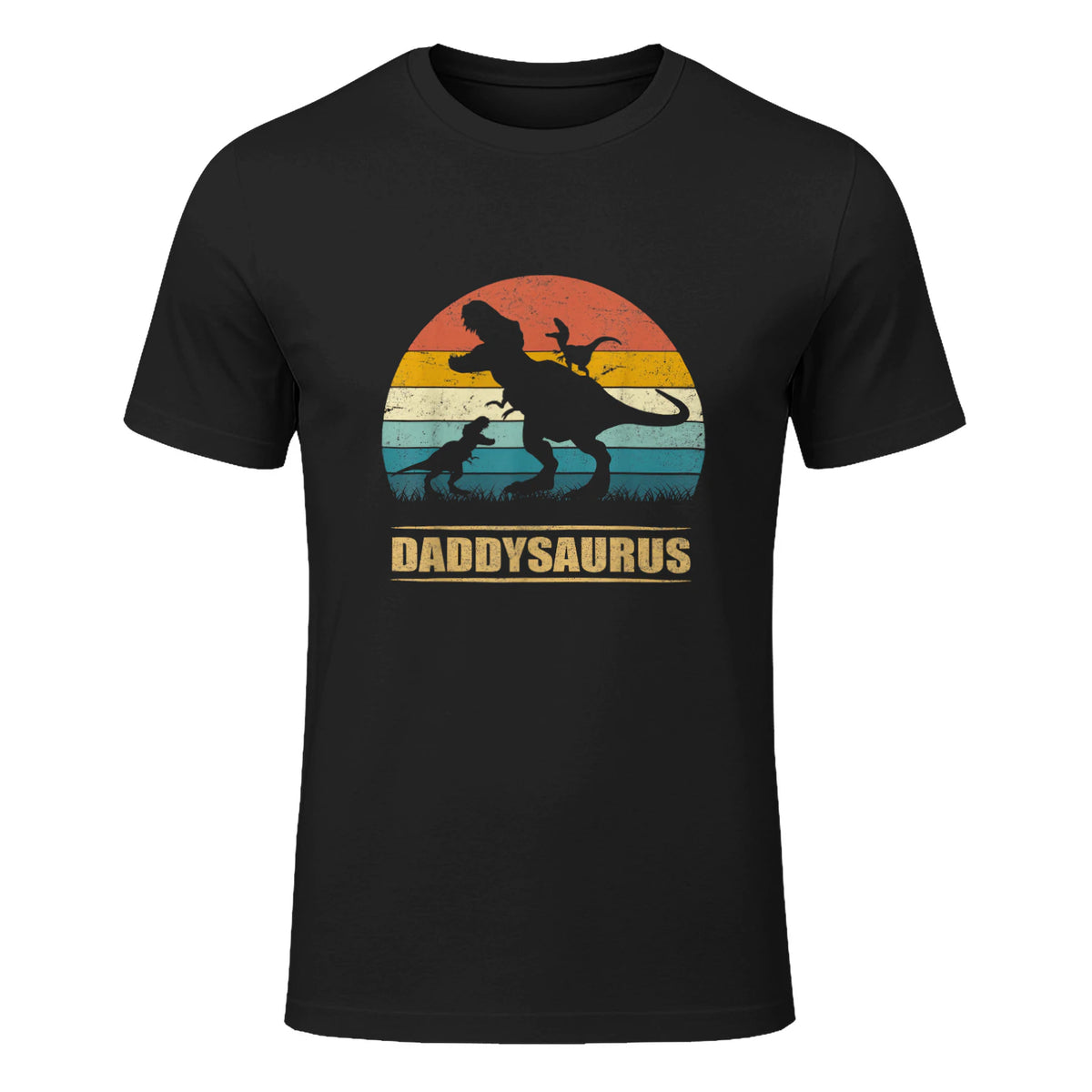 Daddy Dinosaur Daddysaurus Two Kids Funny Father's Day T-Shirt in Black - front view