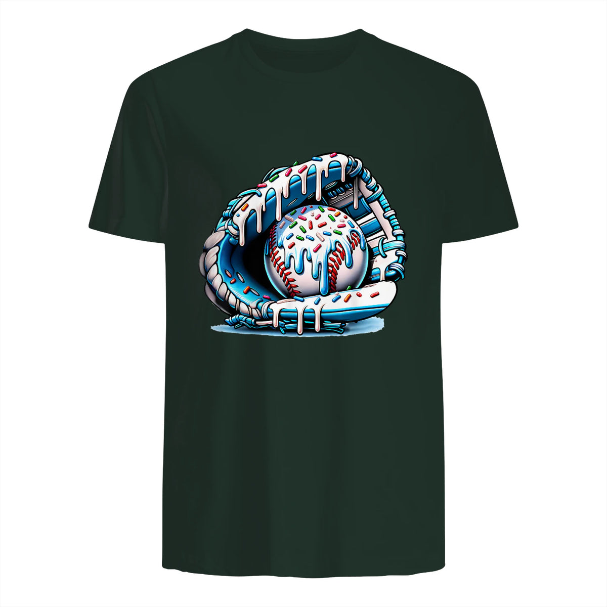 Baseball Drip Ice Cream Sprinkles Baseball Glove T-Shirt in Forest Green - back view