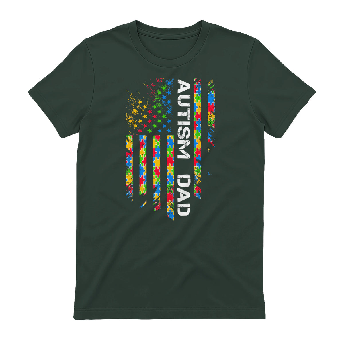 Autism Dad Awareness American Flag USA T-Shirt in Forest Green - back view