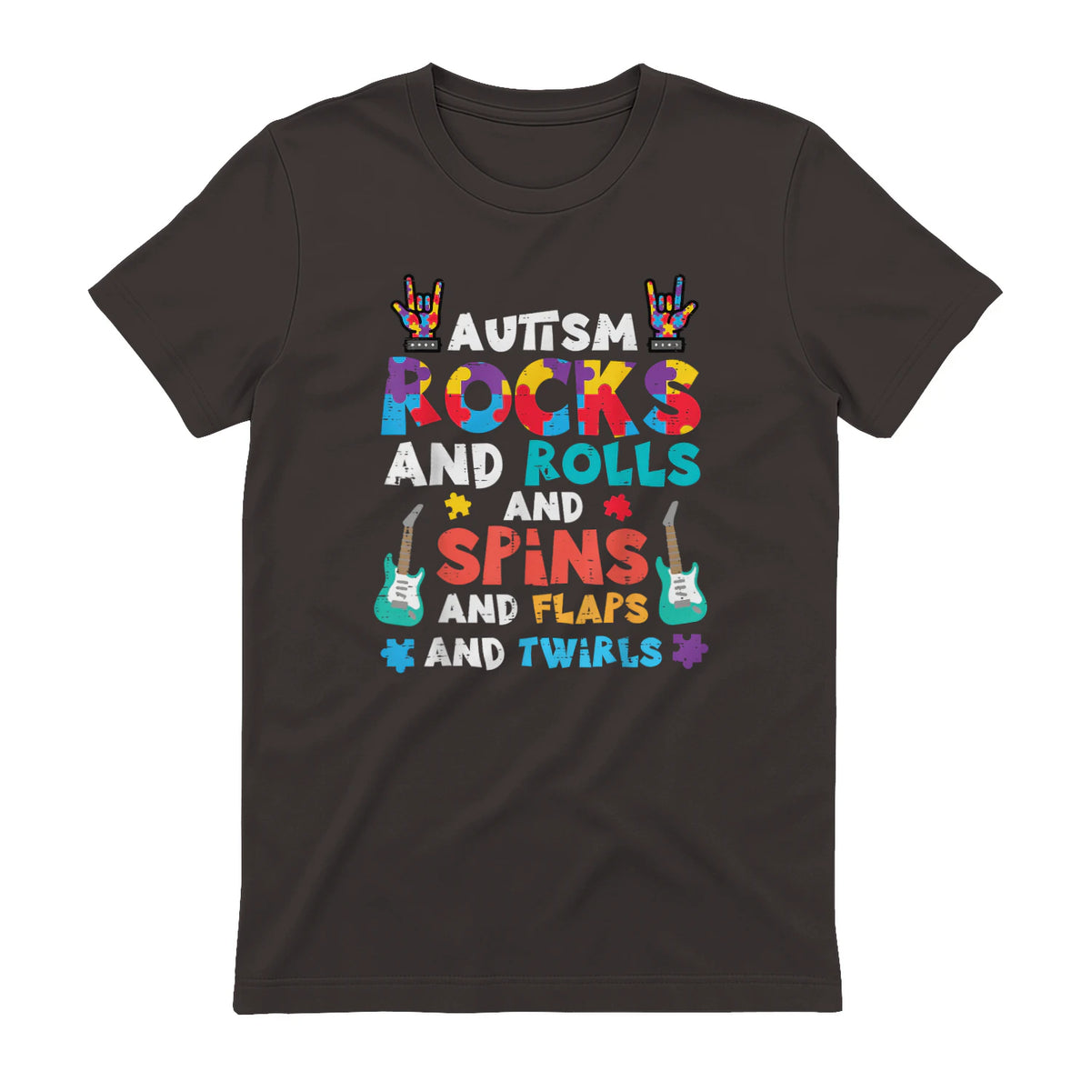 Autism Rocks Rolls Spins Flaps Awareness Boys Kids Women Men in Dark Chocolate - back view