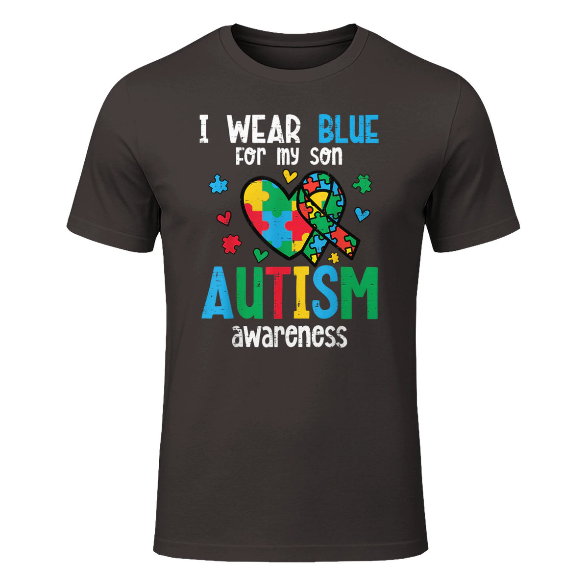 Autism Awareness Wear Blue for My Son ASD Mom Dad Men Women in Dark Chocolate - front view