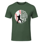 Philippians Four Thirteen Baseball Player Graphic with Bible Verse T-Shirt in Military Green - front view