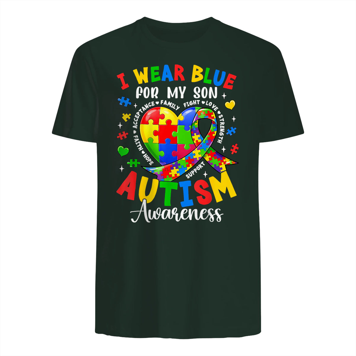 I Wear Blue for My Son Autism Awareness for Women Autism Mom in Forest Green - back view