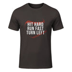 Hit Hard Run Fast Turn Left Funny Baseball Player & Fan T-Shirt in Dark Chocolate - front view