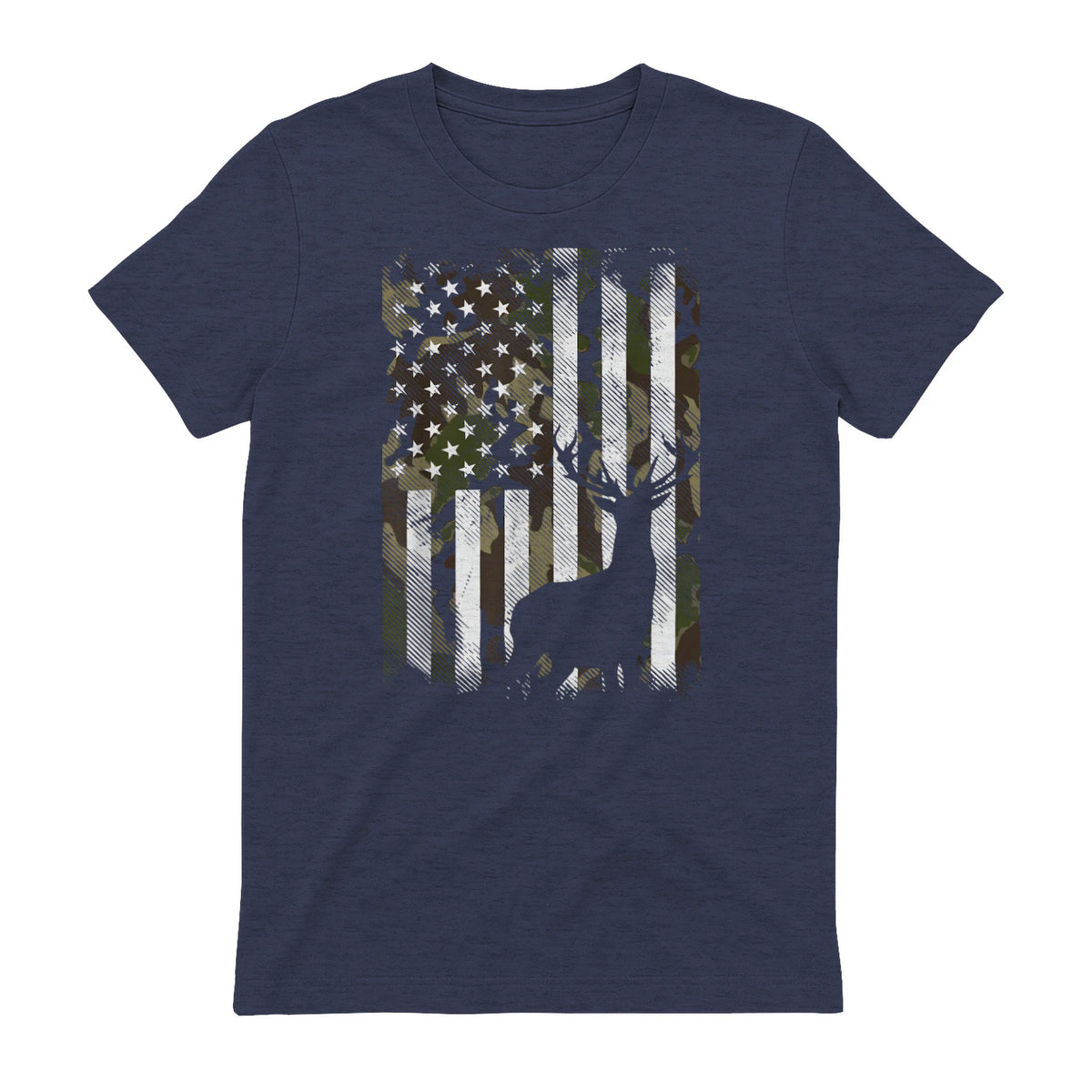 Camo US Flag Deer Elk Buck Camoflage Hunting Hunter Dad Gift Short Sleeve in Heather Navy - back view