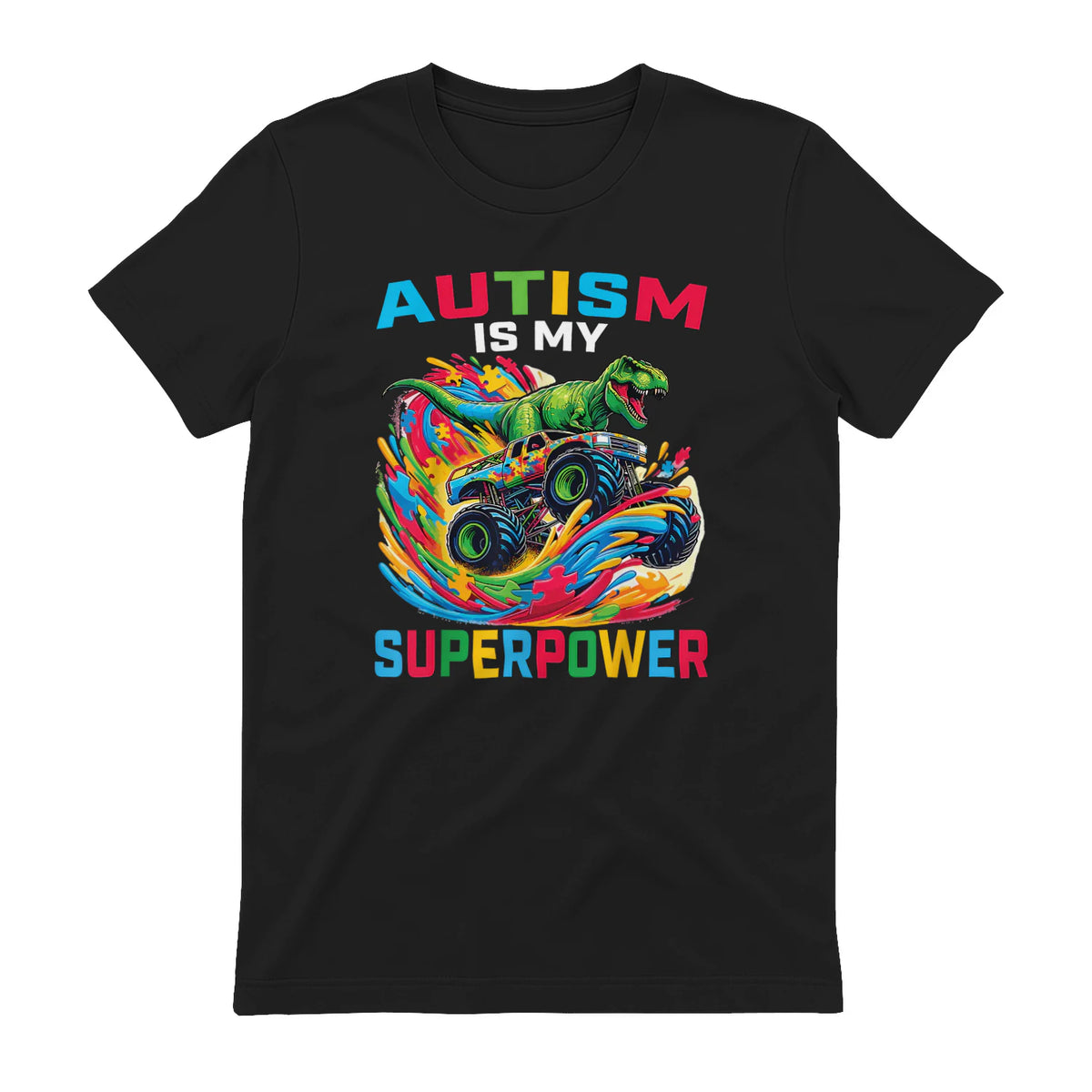 Autism is My Superpower Dino T Rex Monster Truck Kids Boys in Black - back view