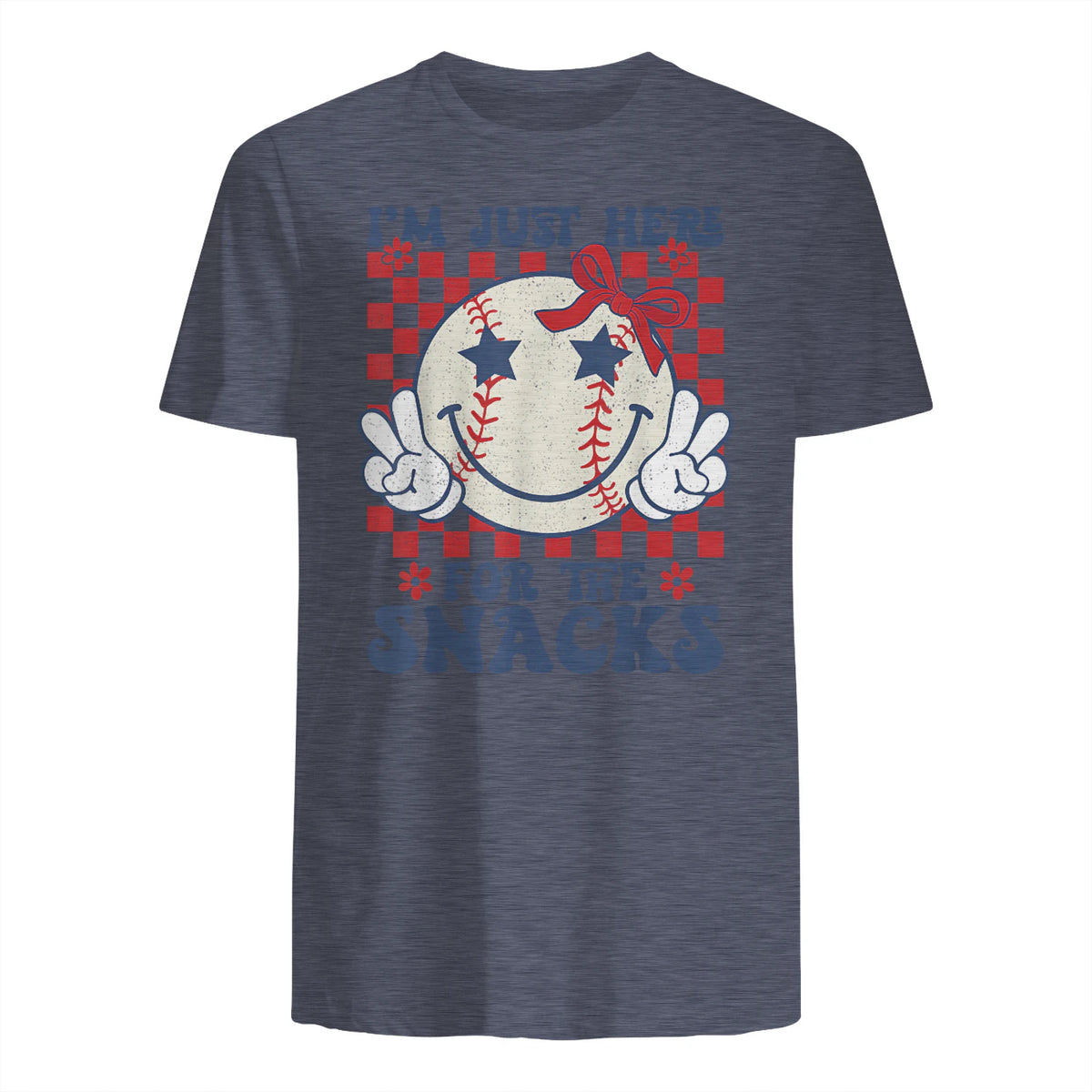 Retro Baseball Sister I'm Just Here for The Snacks Girls Mom T-Shirt in Heather Navy - back view
