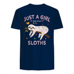Funny Just a Girl Who Loves Sloths T-Shirt Sloths Lover Gift in Navy - back view