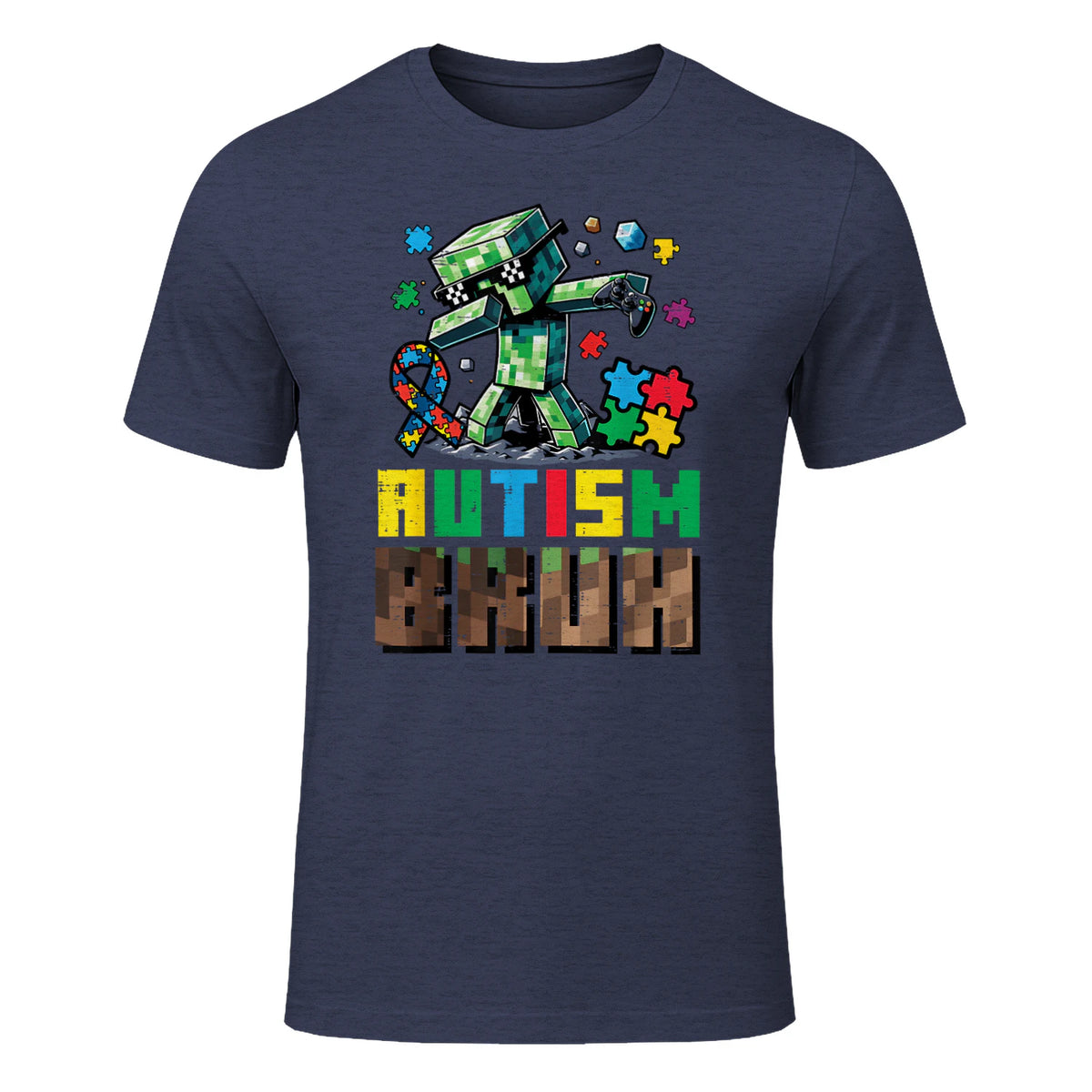 Autism Bruh Dab ASD Awareness Gamer Boys Kids Youth in Heather Navy - front view