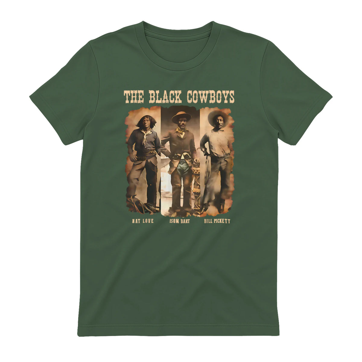Black Cowboy Western Rodeo Melanin Black History Texas Men T-Shirt in Military Green - back view