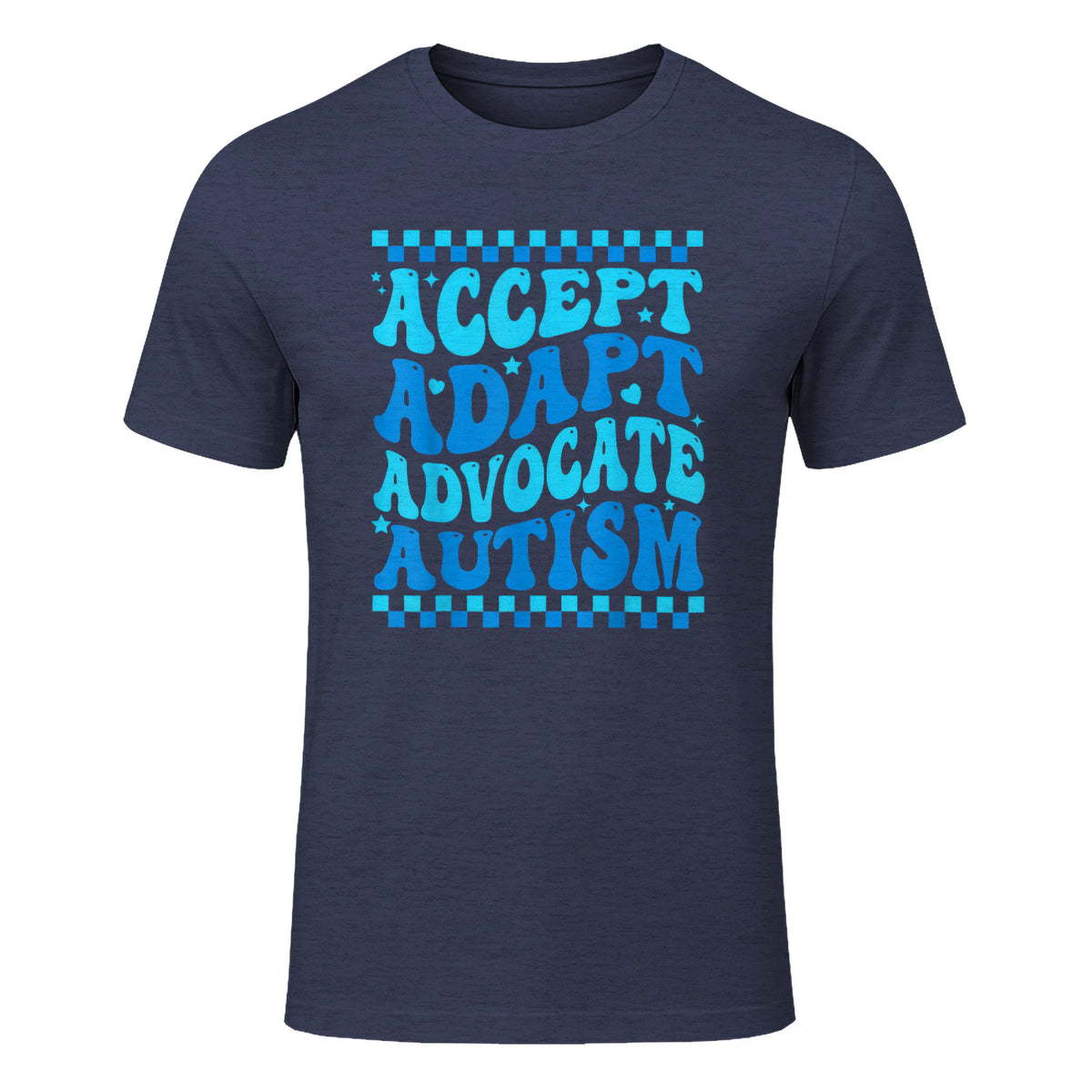 Accept Adapt Advocate Autism Awareness T-Shirt in Heather Navy - front view