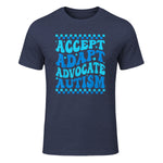 Accept Adapt Advocate Autism Awareness T-Shirt in Heather Navy - front view