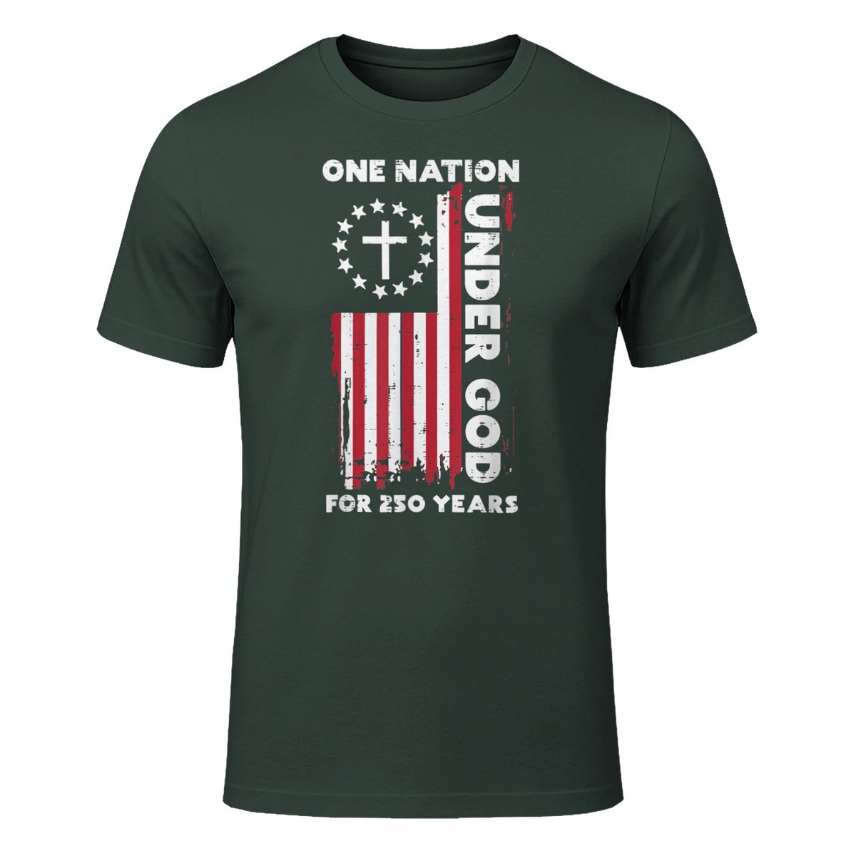Christian American Flag Anniversary T-Shirt in Forest Green - front view