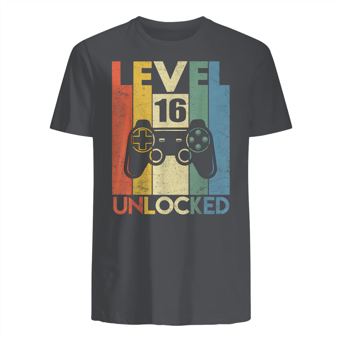 Level Sixteen Unlocked Video Gamer Birthday T-Shirt in Charcoal - back view