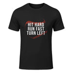 Hit Hard Run Fast Turn Left Funny Baseball Player & Fan T-Shirt in Black - front view